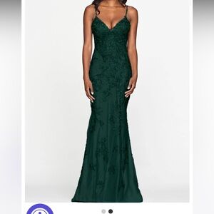 Forest Green Lace Long Dress With V Neck And Lace Up Open Back